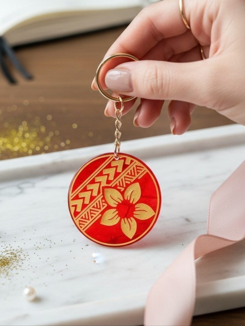 Red Faux Tortoiseshell + Hibiscus Flower + Polynesian Tribal Gold Keychain